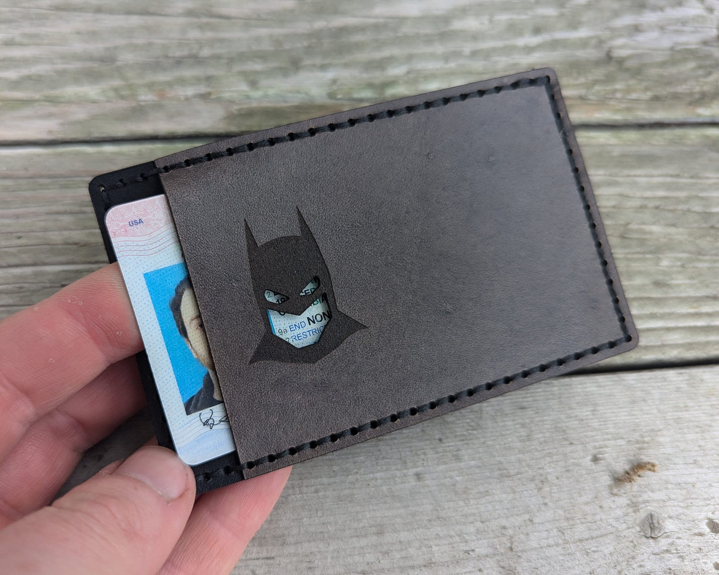 Bat ID Card Holder Optional Money Clip- Cowl Mask Cutout - Full Grain Leather Handmade Customized Mens Black Gray - Personalized Minimalist