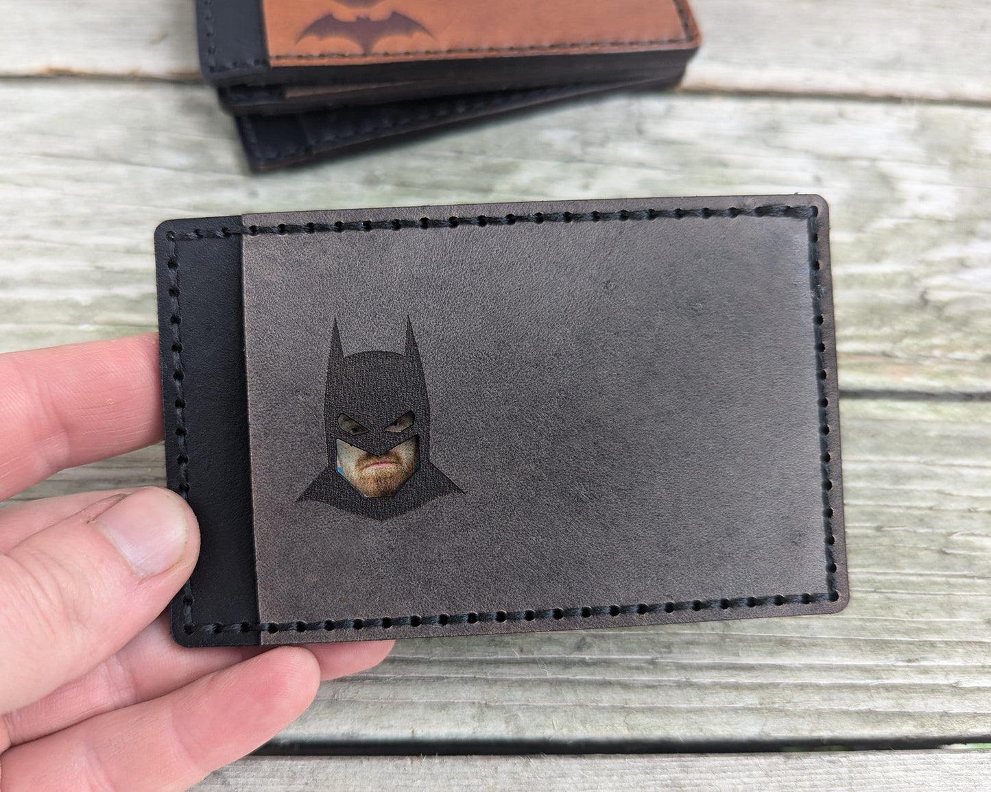 Bat ID Card Holder Optional Money Clip- Cowl Mask Cutout - Full Grain Leather Handmade Customized Mens Black Gray - Personalized Minimalist