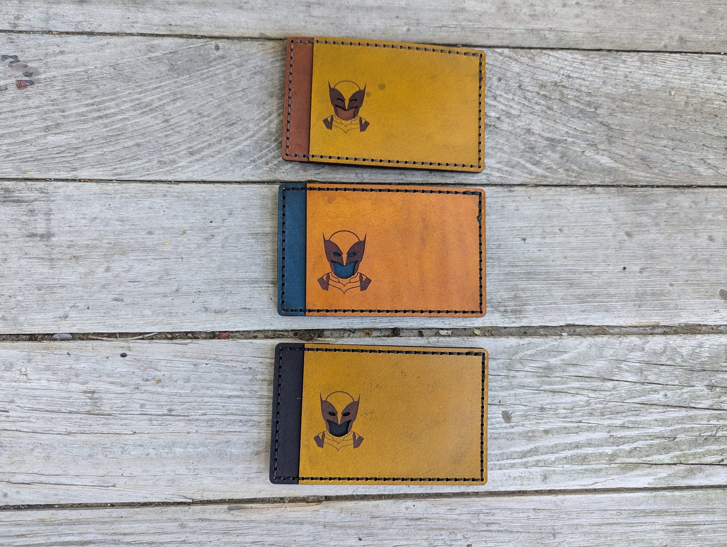 Wolverine ID Card Holder optional money clip - Mask Cutout - Full Grain Leather Handmade Customized Mens Yellow Black - Personalized