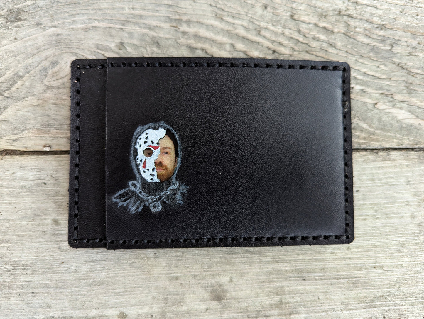 Jason Vorhees ID Card Holder optional money clip - Cutout - Full Grain Leather Handmade Customized Mens Black Friday the 13th - Personalized