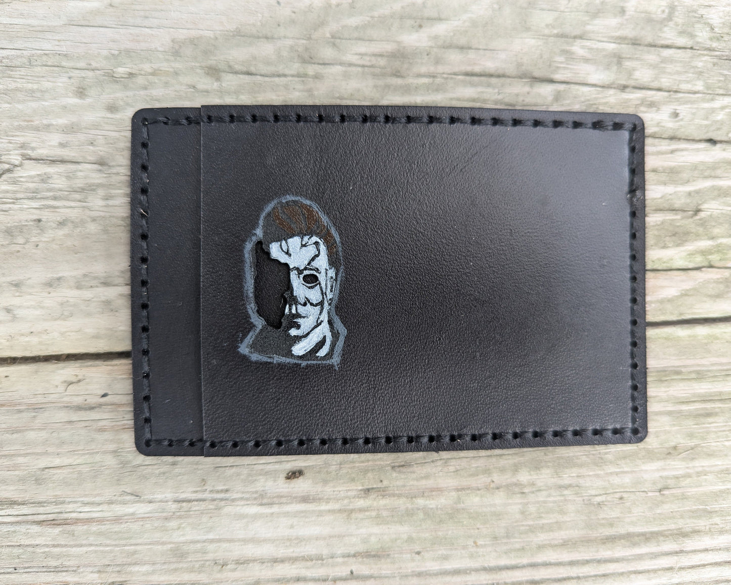 Michael Myers ID Card Holder optional money clip - Face Cutout - Full Grain Leather Handmade Customized Mens Black Halloween - Personalized