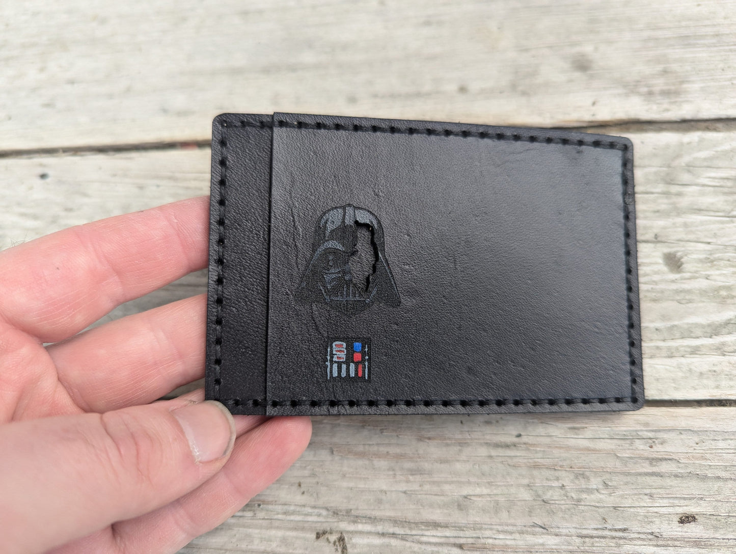 Darth Vader ID Card Holder optional money clip - Face Cutout - Full Grain Leather Handmade Customized Mens Black Star Wars - Personalized