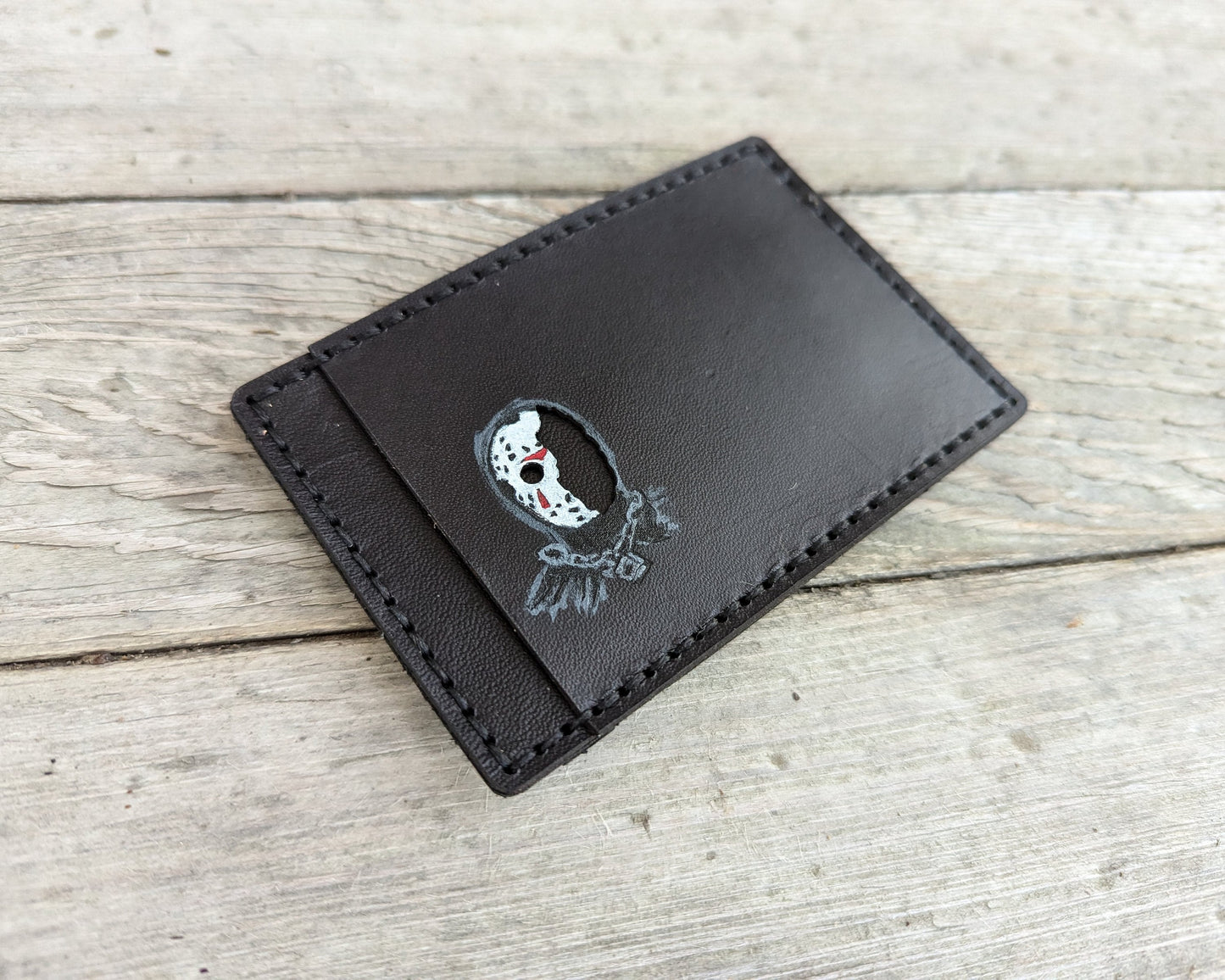 Jason Vorhees ID Card Holder optional money clip - Cutout - Full Grain Leather Handmade Customized Mens Black Friday the 13th - Personalized