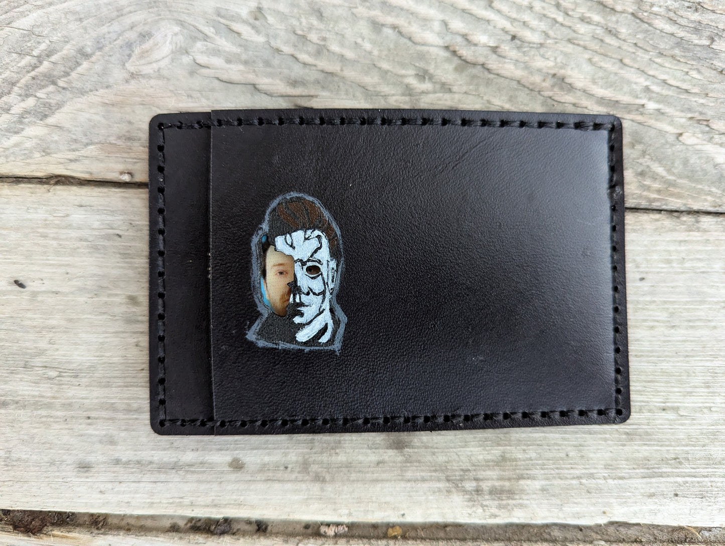 Michael Myers ID Card Holder optional money clip - Face Cutout - Full Grain Leather Handmade Customized Mens Black Halloween - Personalized