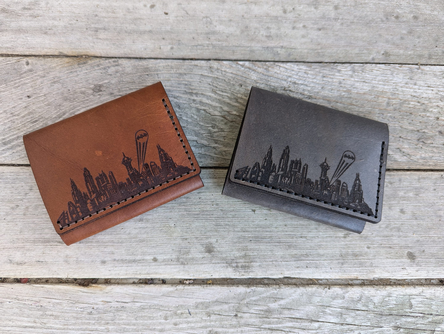 Bat ID Trifold Wallet - Cowl Mask Cutout - Full Grain Leather Handmade Customized Mens Black Gray Brown - Personalized
