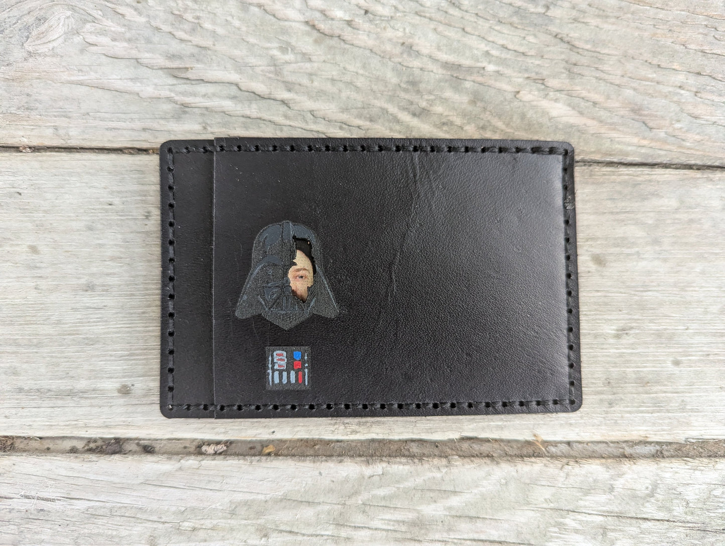 Darth Vader ID Card Holder optional money clip - Face Cutout - Full Grain Leather Handmade Customized Mens Black Star Wars - Personalized