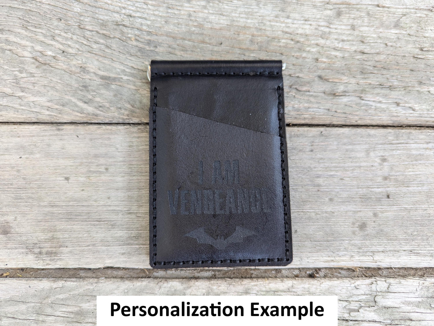 Bat ID Bifold Wallet Money Clip - Cowl Mask Cutout - Full Grain Leather Handmade Customized gift Mens Black Gray - Personalized