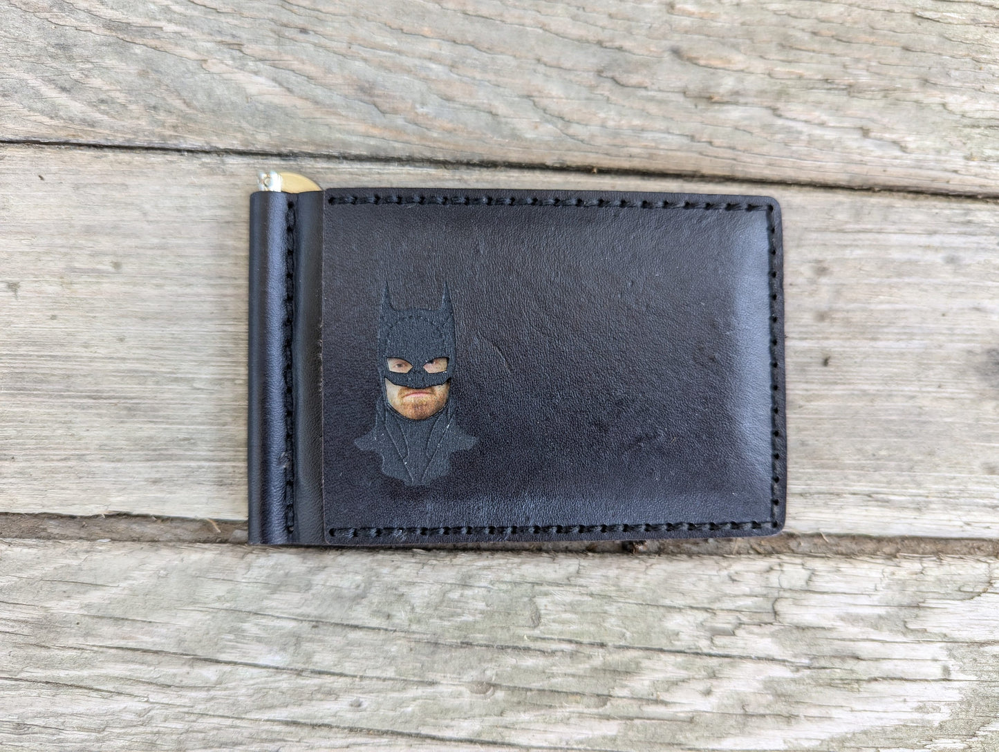 Bat ID Bifold Wallet Money Clip - Cowl Mask Cutout - Full Grain Leather Handmade Customized gift Mens Black Gray - Personalized