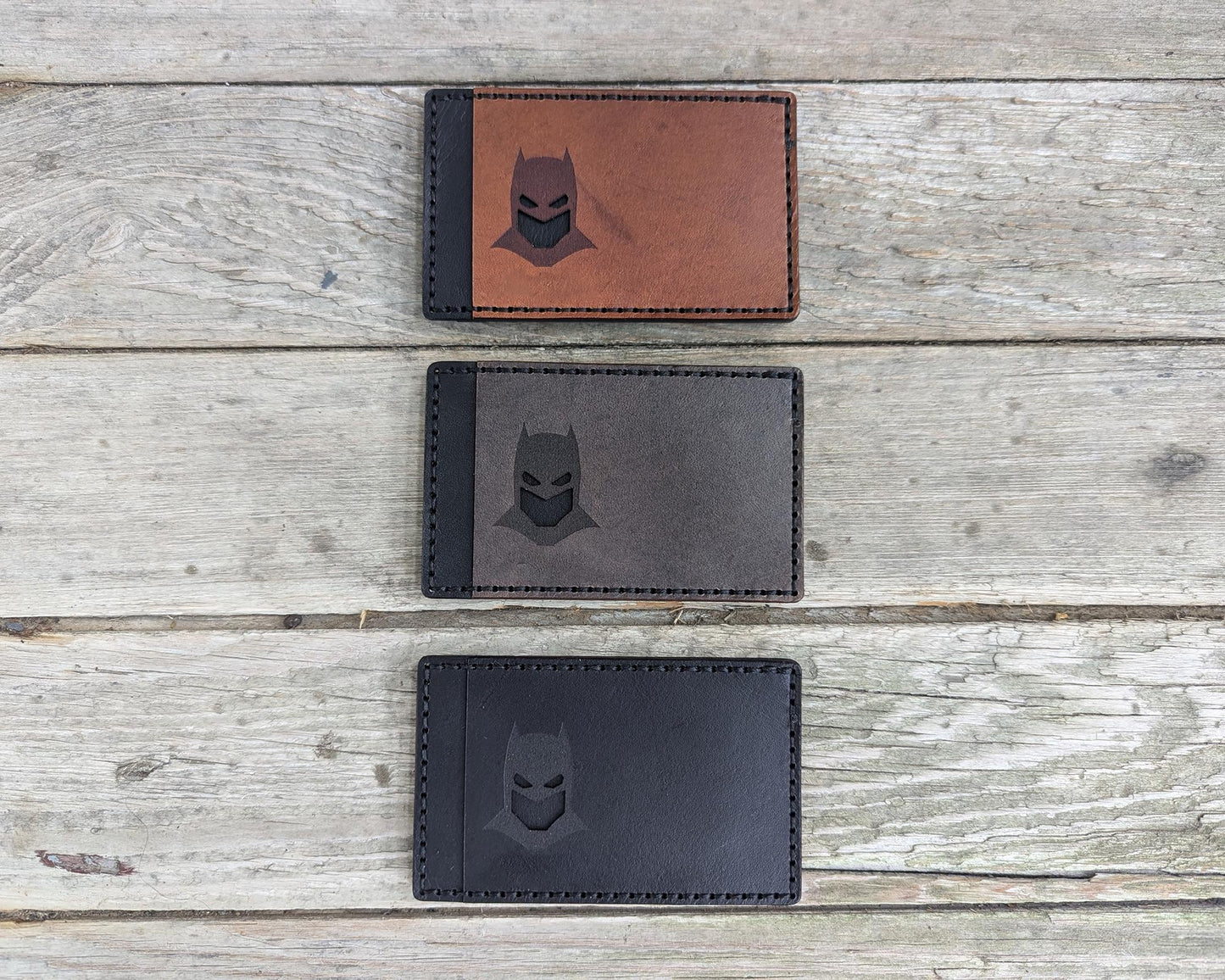 Bat ID Card Holder Optional Money Clip- Cowl Mask Cutout - Full Grain Leather Handmade Customized Mens Black Gray - Personalized Minimalist