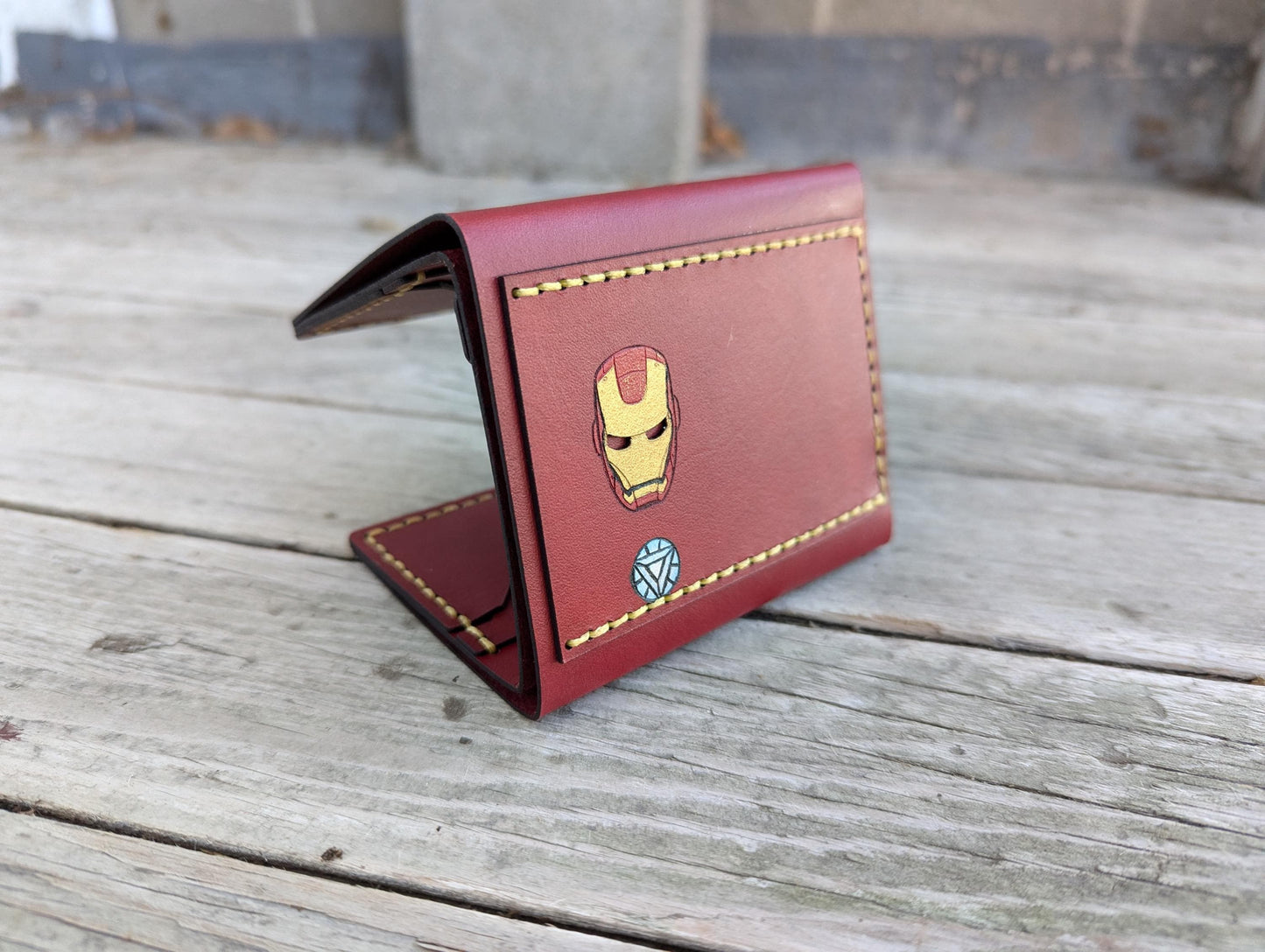 Iron Man Trifold Wallet - Helmet Cutout - Full Grain Leather Handmade Customized Mens Red Gold Yellow - Personalized