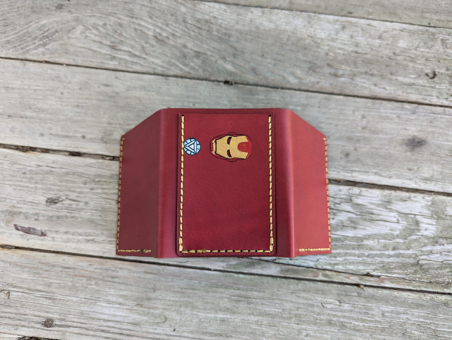 Iron Man Trifold Wallet - Helmet Cutout - Full Grain Leather Handmade Customized Mens Red Gold Yellow - Personalized