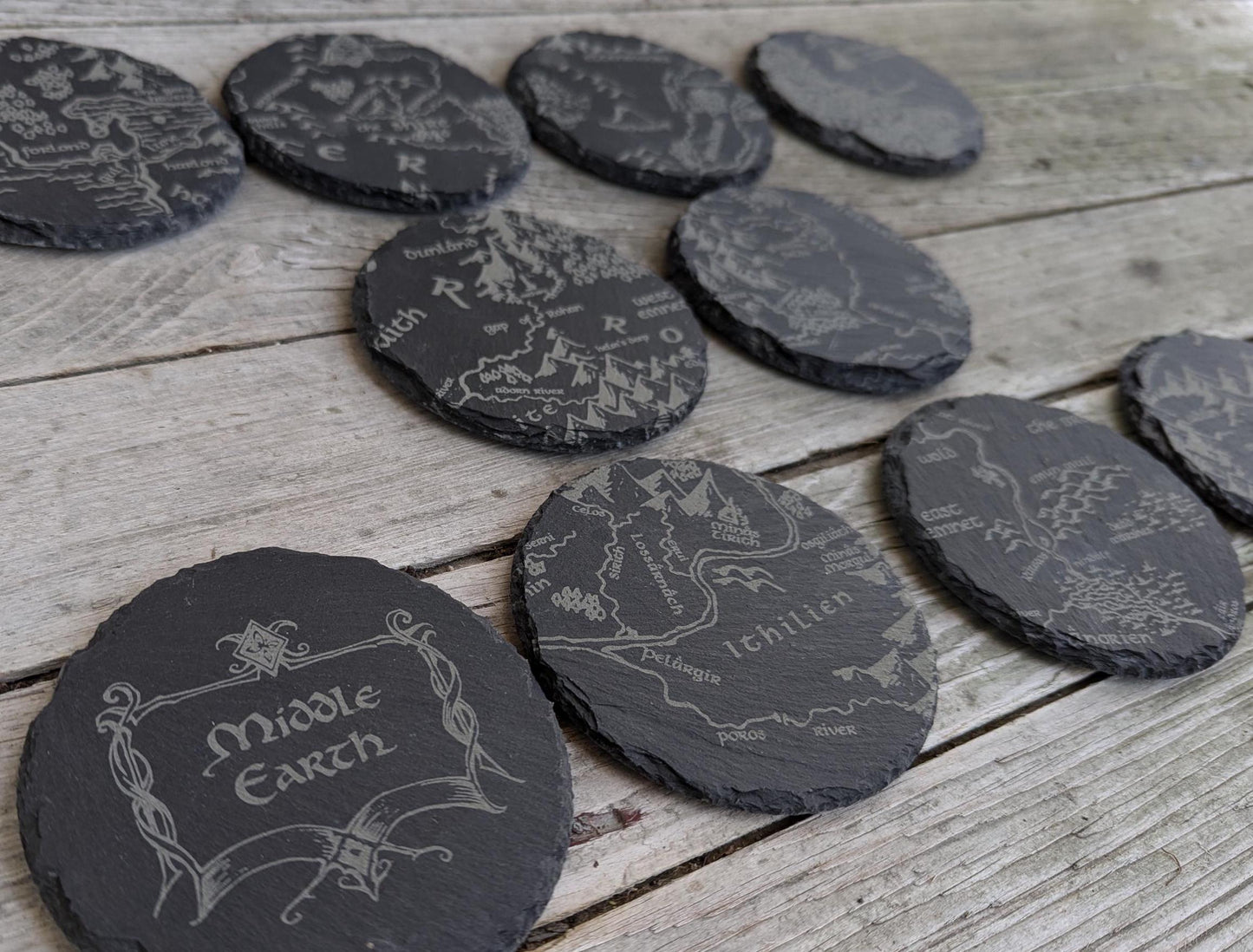 Middle Earth Map - Round Slate Coasters - Gray - Set of 4 6 8 10 Lord of the Rings