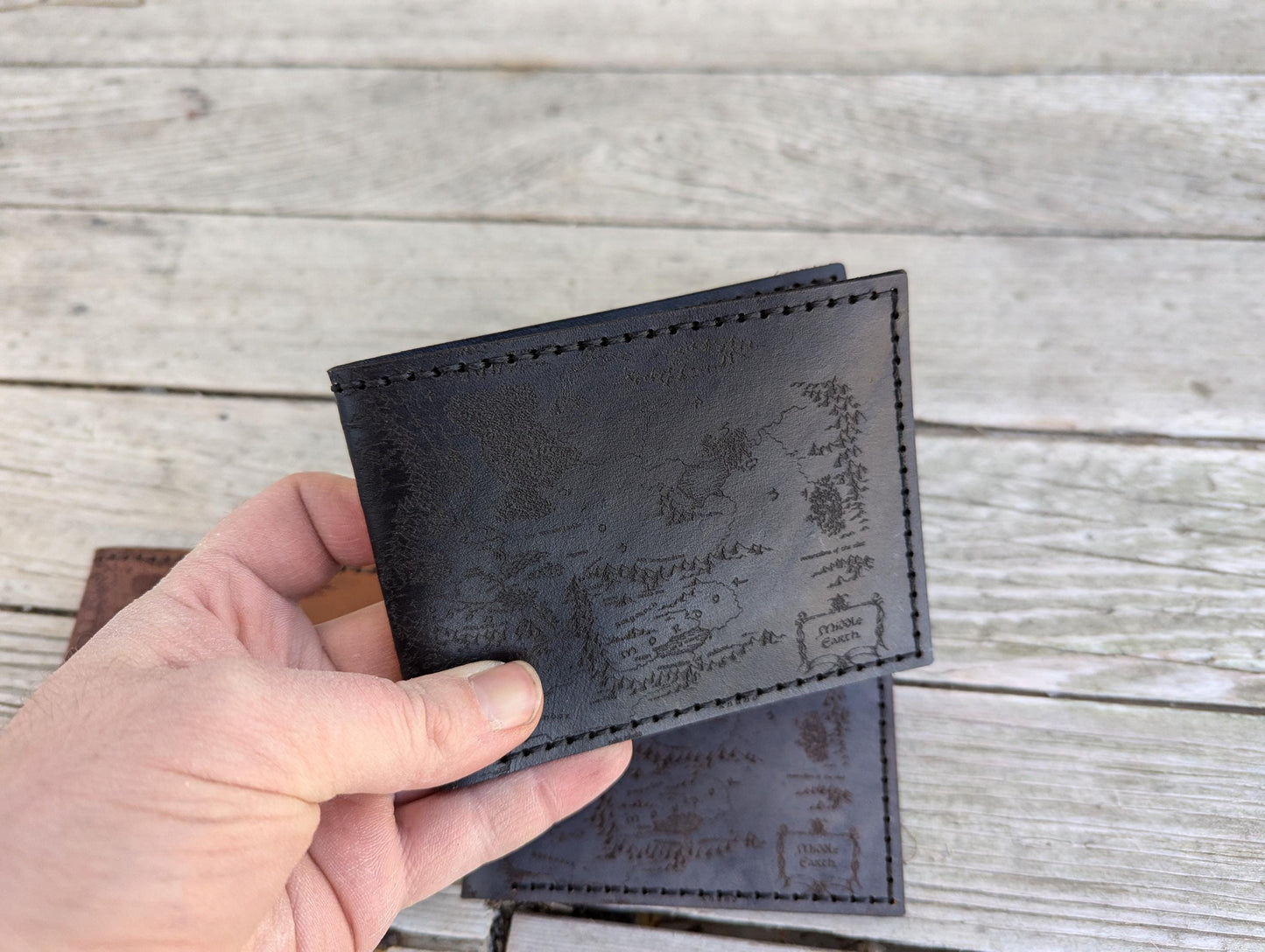 Middle Earth Map Leather Bifold Wallet - Handmade engraved leather wallet - Color Choice LOTR Hobbit - Personalized