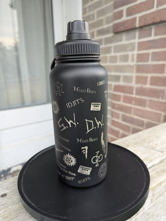 Supernatural Black Stainless Steel Water Bottle - Wide mouth Double Wall Insulated Vacuum 32 oz 24 oz