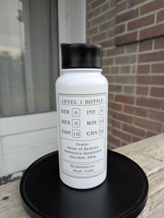 Character Sheet Water Bottle - Stainless Steel Double wall insulated - Color Choice - 24 or 32 oz