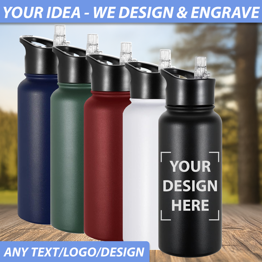Custom Design Stainless Steel Water Bottle - Wide mouth Double Wall Insulated Vacuum 32 oz 24 oz - Personalized Color Choice