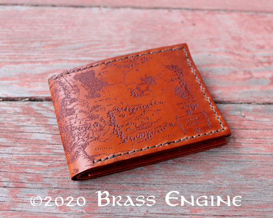 Middle Earth Map Leather Bifold Wallet - Handmade engraved leather wallet - LOTR - Personalized