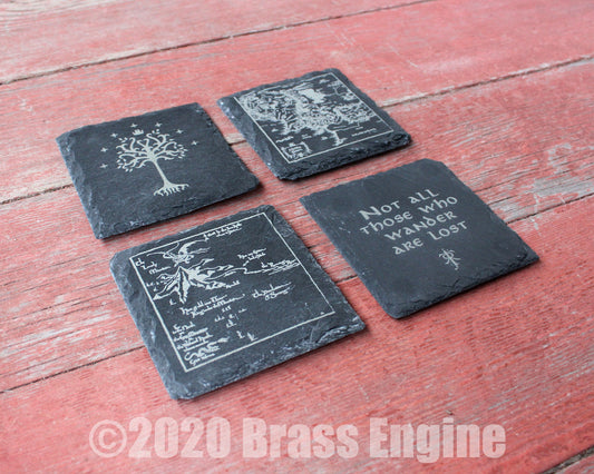 Lord of the Rings Etched Slate Coasters - Gray - Set of 4 - Hobbit White Tree Middle Earth barware