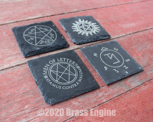 Supernatural Etched Slate Coasters - Gray - Set of 4 - Sam Dean Anti-possession Men of Letters barware