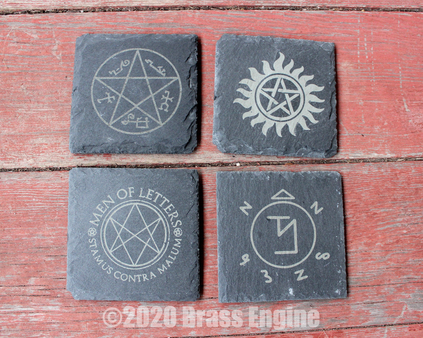 Supernatural Etched Slate Coasters - Gray - Set of 4 - Sam Dean Anti-possession Men of Letters barware