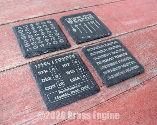 Dungeons and Dragons Etched Slate Coasters - Gray - Set of 4 - RPG DnD Dice Fantasy barware