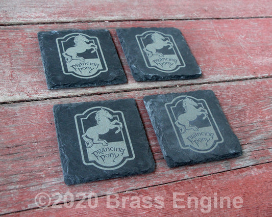 The Prancing Pony - Lord of the Rings Etched Slate Coasters - Gray - Set of 4 - Middle Earth Tolkien barware