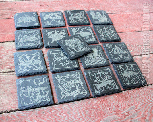 Dungeons and Dragons Etched Slate Coasters - Gray - Custom Choice of Set 4 6 8 - RPG DnD Bard Barbarian Rogue barware