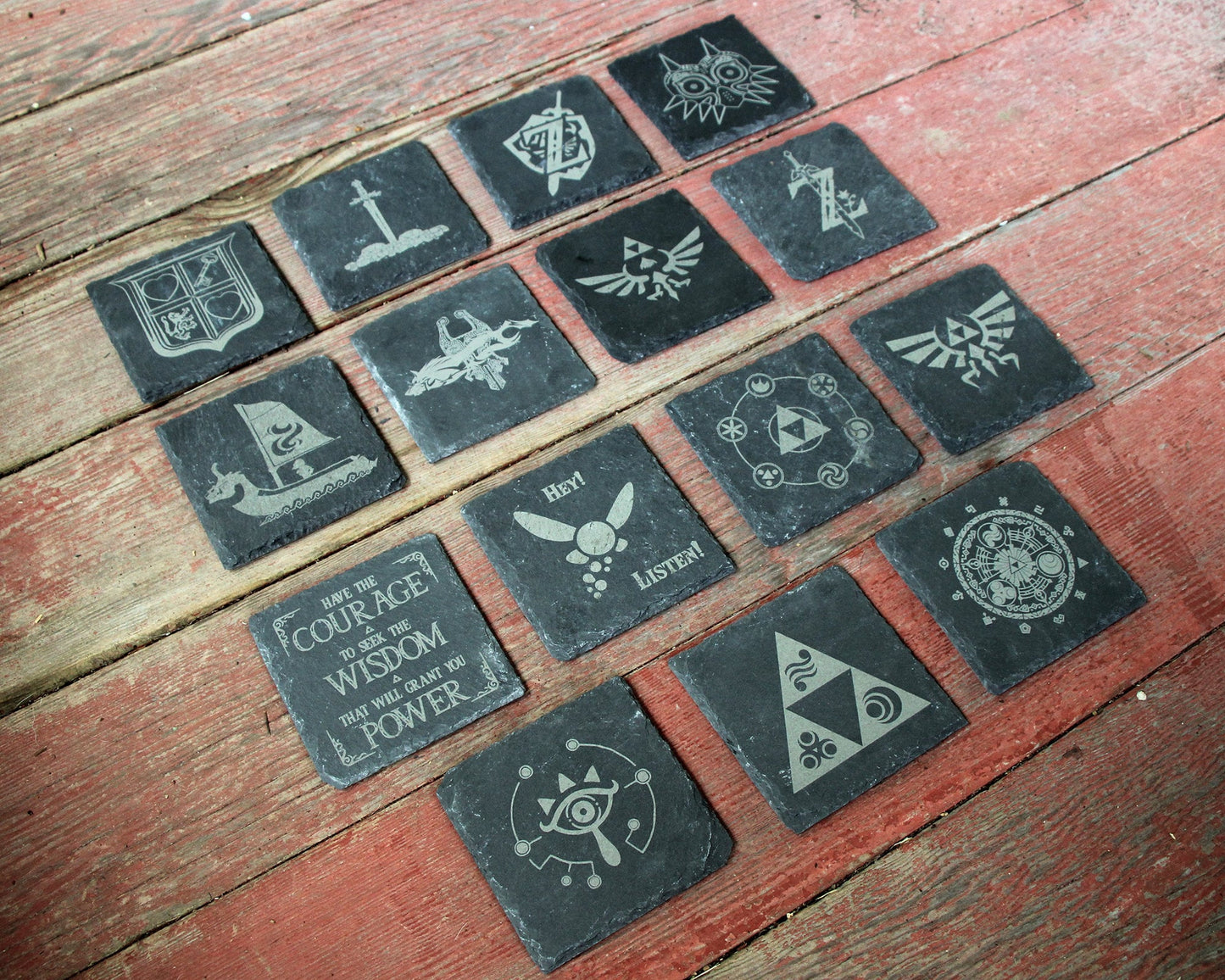 Legend of Zelda Engraved Slate Coasters Mix and Match - Gray - Choice of Set of 4 6 8- Triforce Majora's Mask Tears of the Kingdom