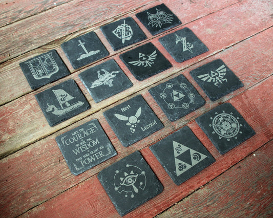 Legend of Zelda Engraved Slate Coasters Mix and Match - Gray - Choice of Set of 4 6 8- Triforce Majora's Mask Tears of the Kingdom