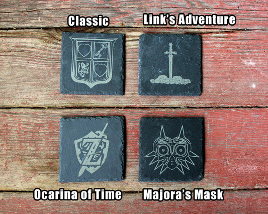 Legend of Zelda Engraved Slate Coasters Mix and Match - Gray - Choice of Set of 4 6 8- Triforce Majora's Mask Tears of the Kingdom