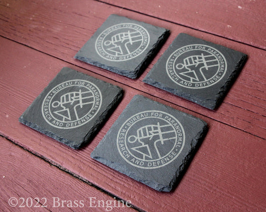 Hellboy BPRD Etched Slate Coasters - Gray - Set of 4 - Bureau of Paranormal Research and Defense barware