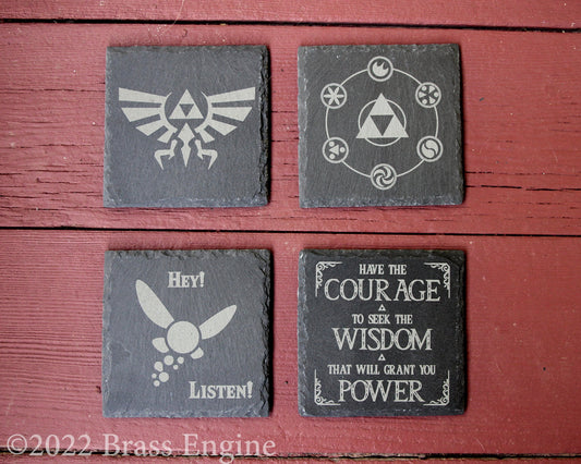 Legend of Zelda Etched Slate Coasters - Gray - Set of 4 - Triforce Sages Hey Listen Courage Wisdom Power barware