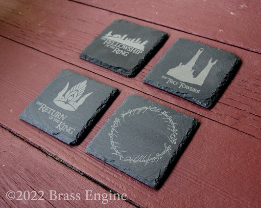 Lord of the Rings Titles Etched Slate Coasters - Gray - Set of 4 - Fellowship Two Towers Return of the King barware