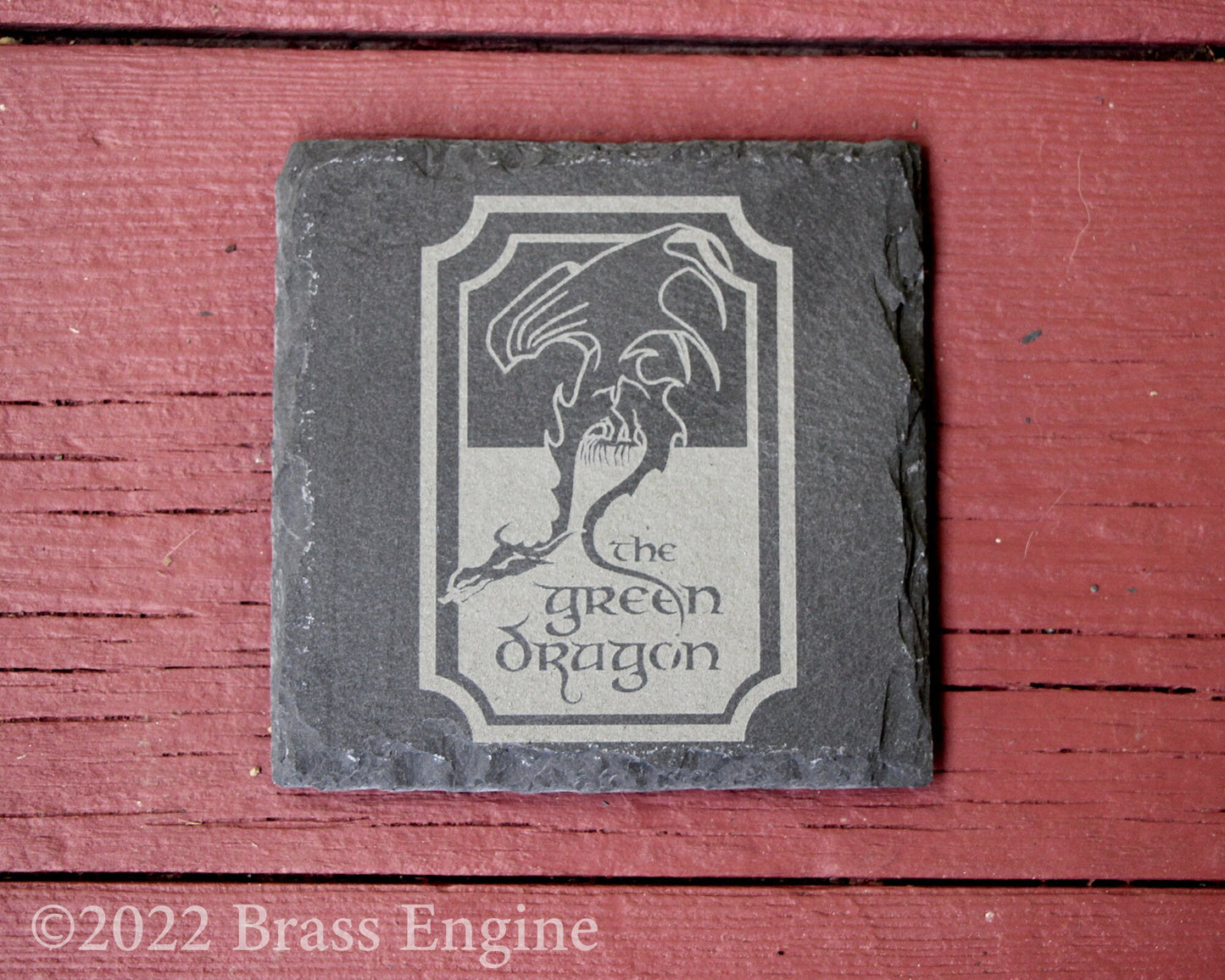 Lord of the Rings Signs Etched Slate Coasters - Gray - Set of 4 - Green Dragon Prancing Pony Durin's Door barware