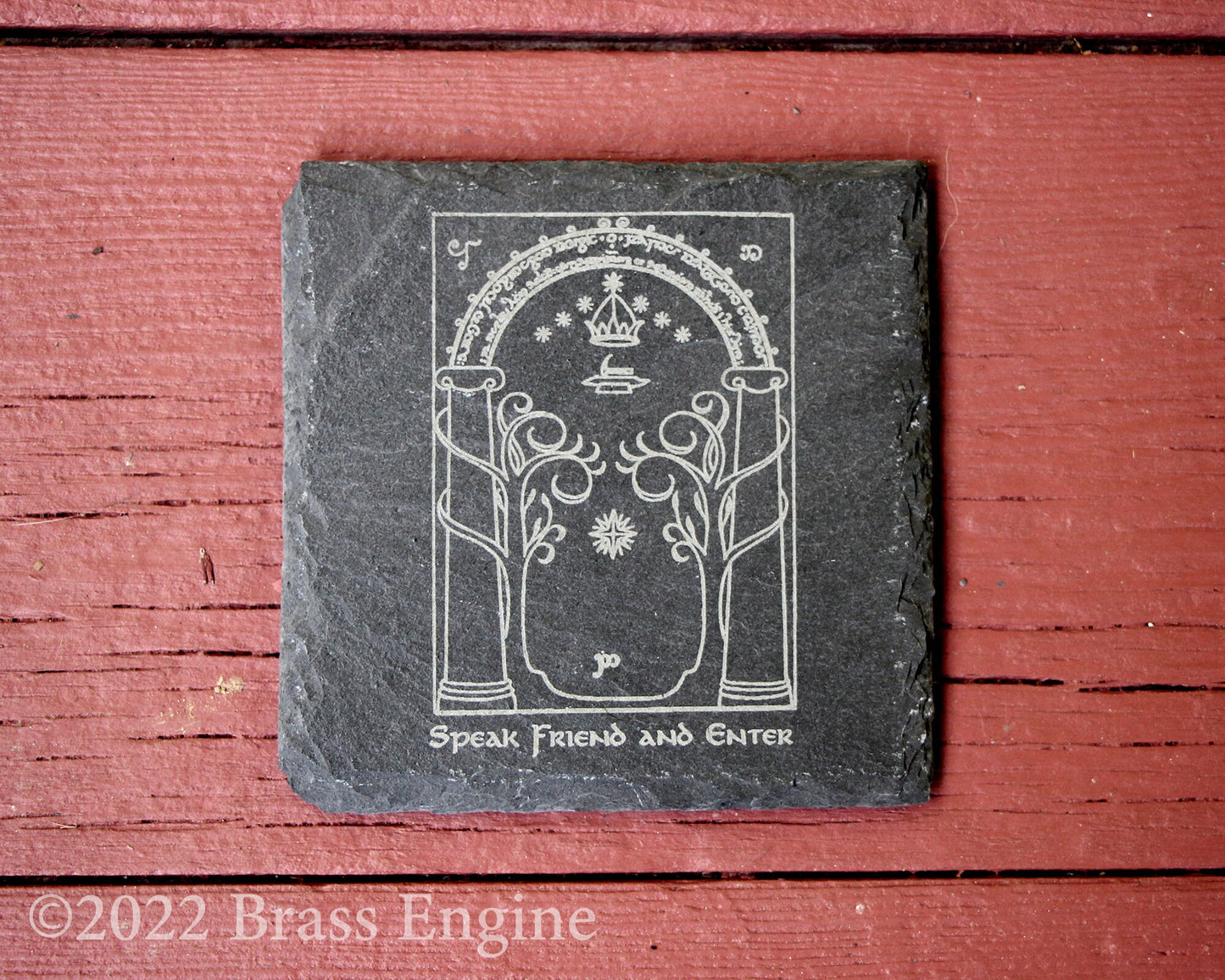 Lord of the Rings Signs Etched Slate Coasters - Gray - Set of 4 - Green Dragon Prancing Pony Durin's Door barware
