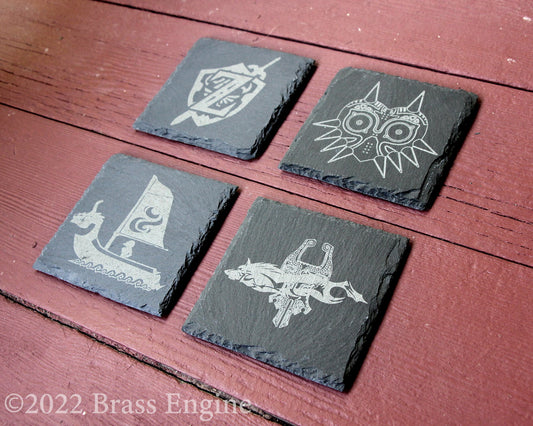 Legend of Zelda Etched Slate Coasters - Gray - Set of 4 - Ocarina of Time Majora's Mask Windwaker Twilight Princess barware