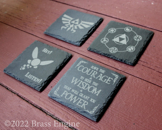 Legend of Zelda Etched Slate Coasters - Gray - Set of 4 - Triforce Sages Hey Listen Courage Wisdom Power barware