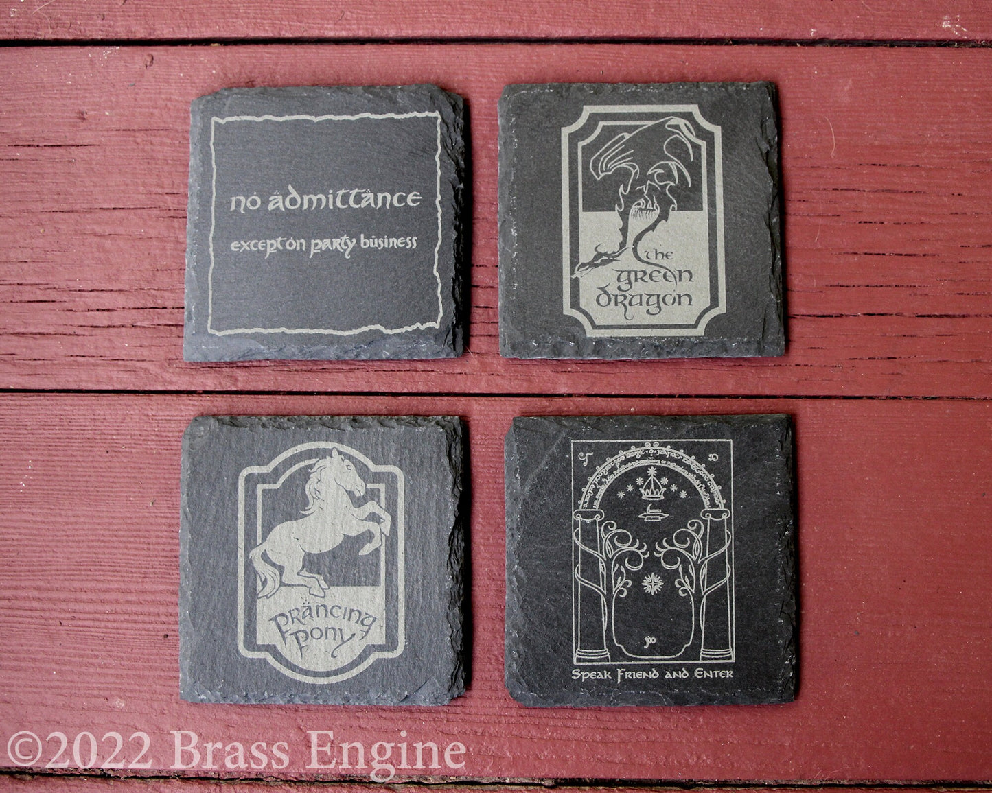 Lord of the Rings Signs Etched Slate Coasters - Gray - Set of 4 - Green Dragon Prancing Pony Durin's Door barware