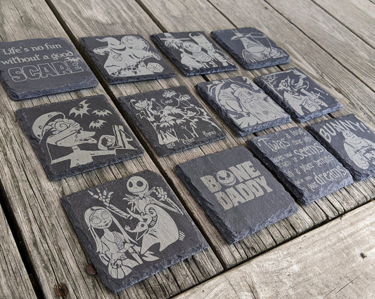 Nightmare Before Christmas Slate Coasters - Gray - Mix and Match Set of 4 5 6 7 8 - Xmas Jack Sally Oogie  Boogie