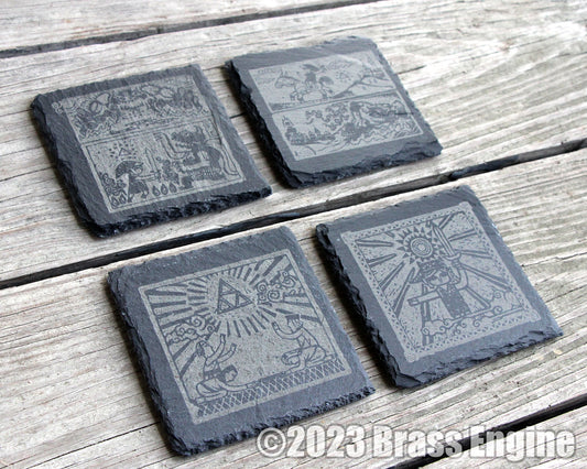 Legend of Zelda Wind Waker Etched Slate Coasters - Gray - Triforce The Windwaker HD barware