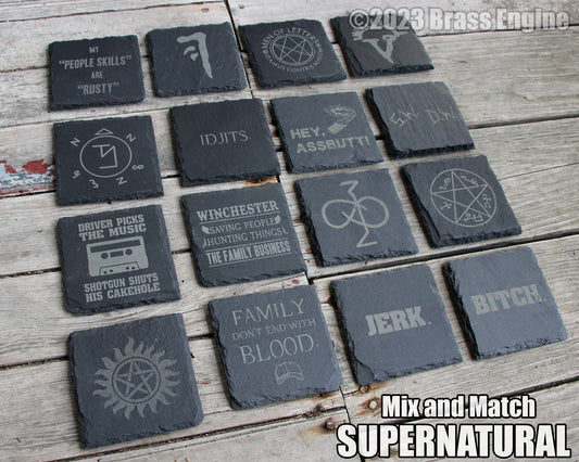 Mix and Match Supernatural Etched Slate Coasters - Gray - Choice of Set of 4 6 8 - Sam Dean Anti-possession Men of Letters barware