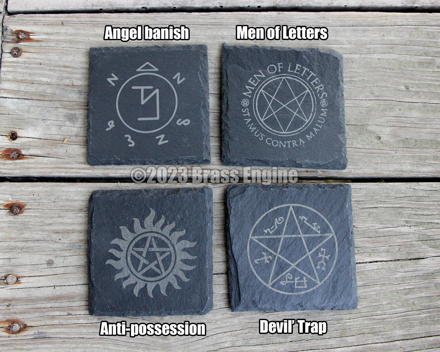 Mix and Match Supernatural Etched Slate Coasters - Gray - Choice of Set of 4 6 8 - Sam Dean Anti-possession Men of Letters barware