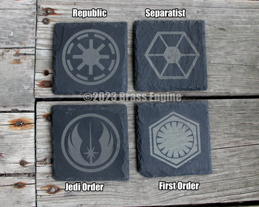 Star Wars Slate Coasters Mix and Match - Gray - Choice of Set of 4 6 8 - the Force Rebel Empire Jedi Sith barware