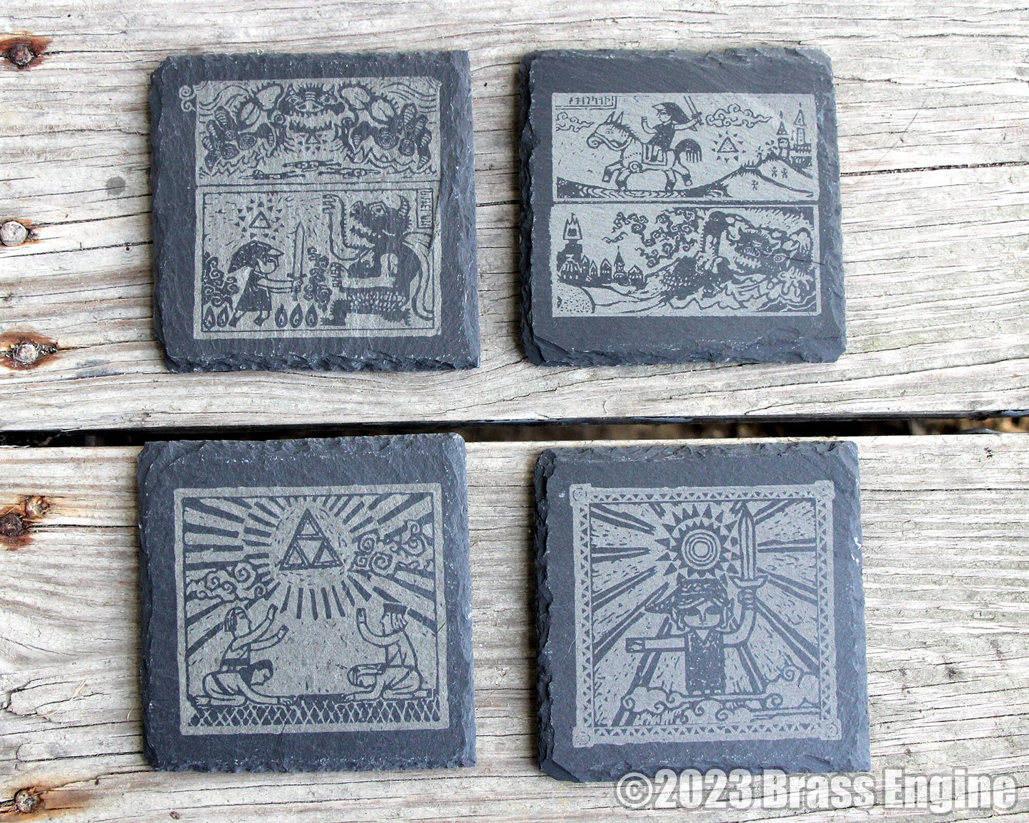 Legend of Zelda Wind Waker Etched Slate Coasters - Gray - Triforce The Windwaker HD barware