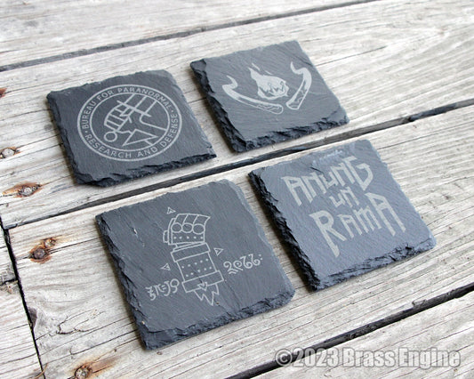 Hellboy Etched Slate Coasters - Gray -  BPRD Anung un Rama Right Hand of Doom barware
