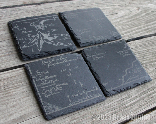 Thorin's Map of Lonely Mountain - Lord of the Rings Etched Slate Coasters - Gray - Set of 4 barware The Hobbit
