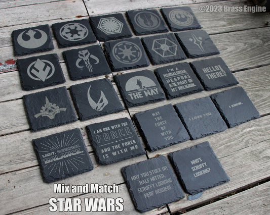 Star Wars Slate Coasters Mix and Match - Gray - Choice of Set of 4 6 8 - the Force Rebel Empire Jedi Sith barware