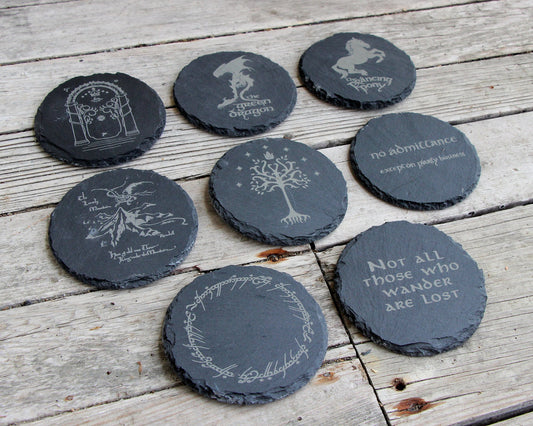 Lord of the Rings Engraved Slate Coasters - Circular Round - Gray - Mix and Match Set of 4 5 6 7 8 - Hobbit White Tree Middle Earth