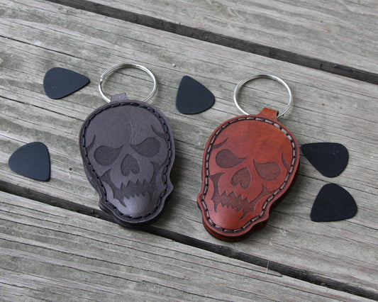 Skull Leather Guitar Pick Holder - Handmade engraved - Color Choice - Gothic Men keychain key fob musician rock metal