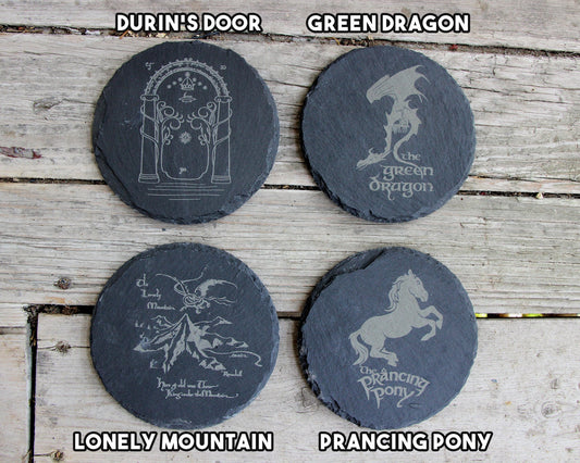 Lord of the Rings Engraved Slate Coasters - Circular Round - Gray - Mix and Match Set of 4 5 6 7 8 - Hobbit White Tree Middle Earth